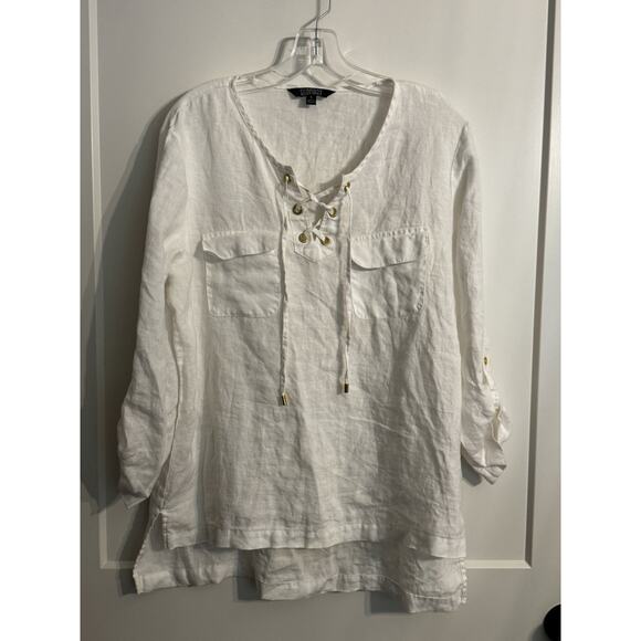 ELLEN TRACY 100% Linen Top Tunic Coverup Sz L White Resort Wear Cruise Beach - Picture 1 of 10